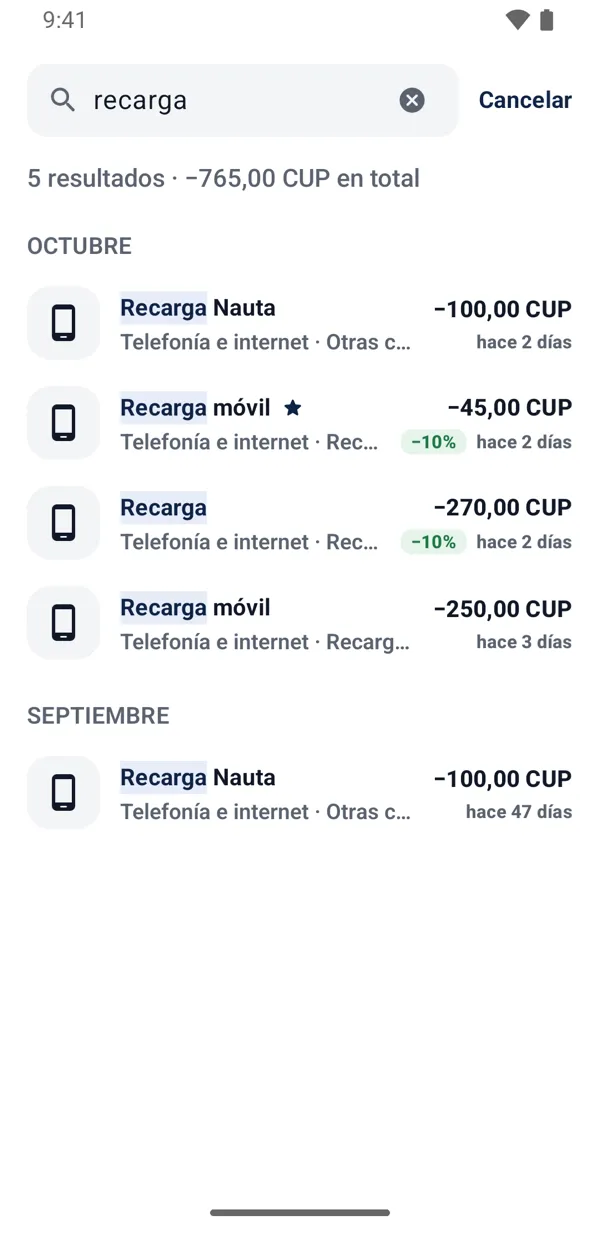 Buscar «recarga» en el Historial: cinco resultados por mes y cuánto suman