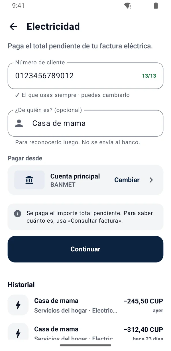 Pagar la electricidad con el número de cliente ya puesto